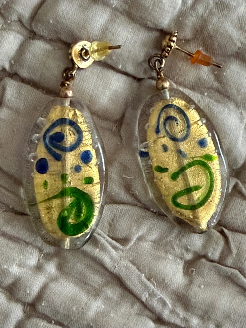 Exquisite blown glass pierced earrings post style gold lime green cobalt blue